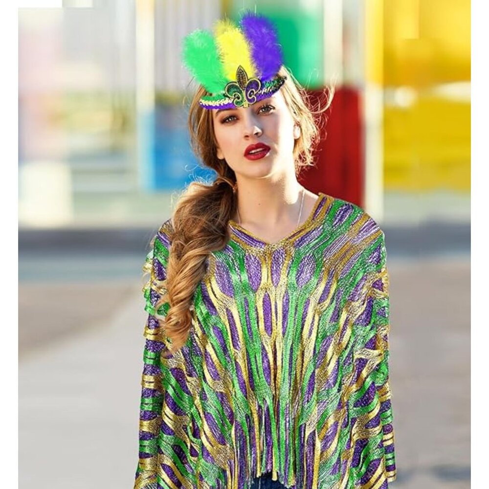 Mardi Gras Sparkling Fishnet Poncho Coverup with Tassels One Size Purple Gold - Picture 4 of 6